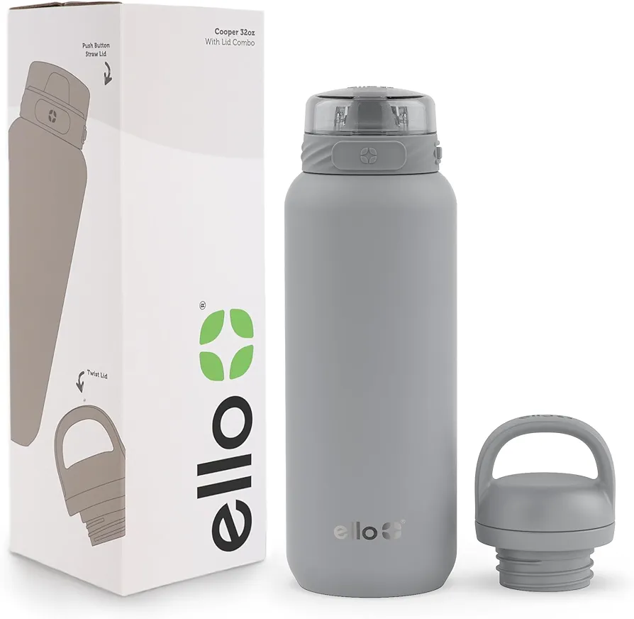 Ello Cooper 32oz Stainless Steel Water Bottle with 2 Lids Chug and Straw | Leak Proof | Double Walled and Vacuum Insulated | Built in Carry Loop | Dishwasher Safe | Gray