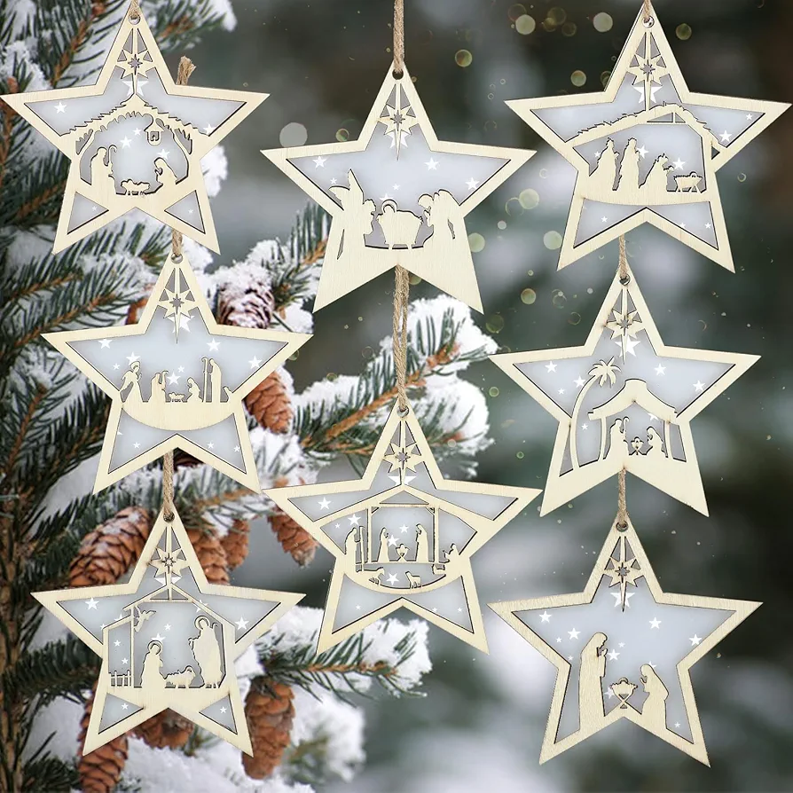 Bucherry 8 Pcs Christmas Nativity Scene Ornaments Wood Christmas Hanging Ornament Acrylic 3D Cut File Ornament Nativity Scene Keepsake for Xmas Tree Birth of Jesus Decoration(Star)