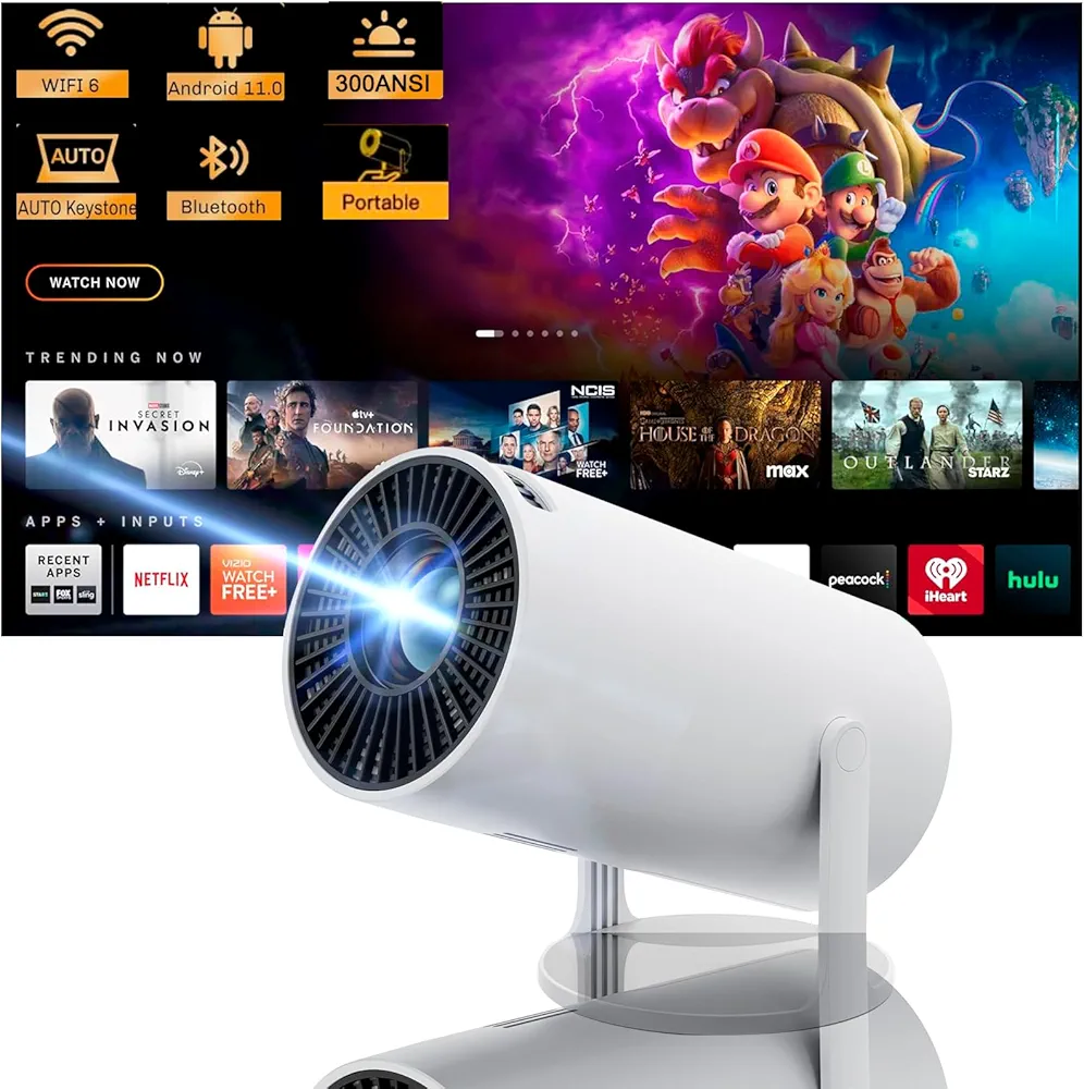 Projector,Mini Projector with Wifi and Bluetooth With Android 11,Smart Protable Proyector Portátil 4k, Auto Horizontal Correction, 180° rotation,Outdoor Projector for Phone/TV Stick/Laptop