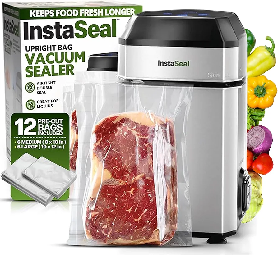 InstaSeal Food Vacuum Sealer Machine with 12 Bags, Patented Upright Food Vacuum Sealer Machine Allows to Vacuum Seal Liquids, Food Sealer Vacuum Sealer for Food Saves & Keeps Food Fresh Longer