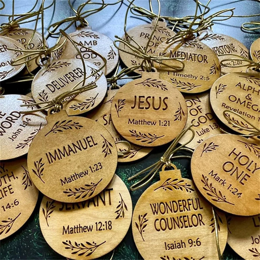 25 Pack Names of Jesus Ornaments, 5 cm / 2 inch Diameter | Name of Jesus Advent, Wood Hanging Ornaments with Savior Names, Ornaments for Christmas Tree Decor