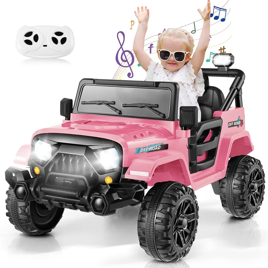 Hikole Kids Ride on Jeeps Car with Remote Control, Battery Powered Car with Music Player, LED Lights, 3 Speeds, Bluetooth, Spring Suspension, Electric Cars for Girls, Pink