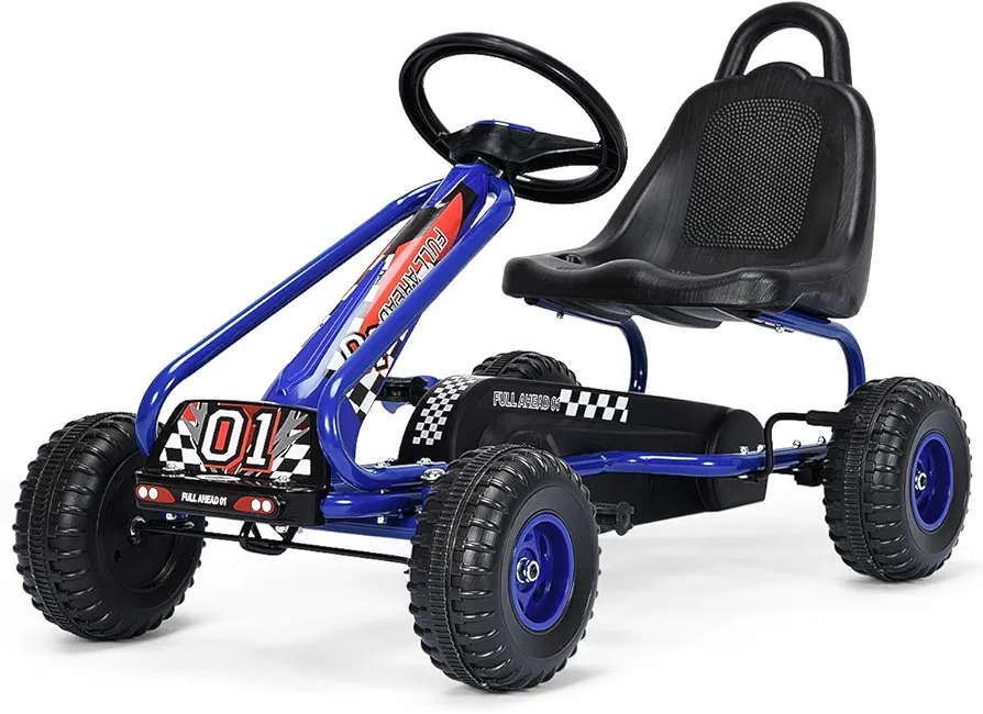 Costzon Go Kart for Kids, 4 Wheel Pedal Powered Go Cart with Adjustable Seat, Handbrake & Non-Slip Wheels, Outdoor Racer Ride On Pedal Car, Gift for Boys Girls (Blue)