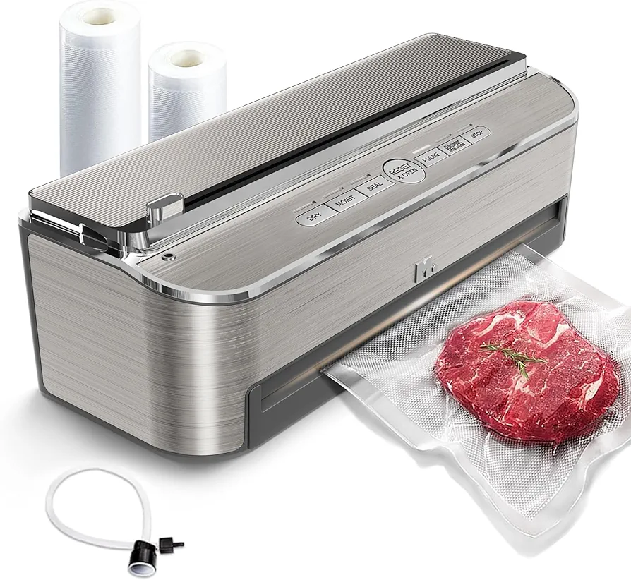 Vacuum Sealer Machine, 85kPa 120W Automatic Food Sealer, Powerful Sealing System, Build-in Cutter | Bags Storage | Moist Mode and Air Suction Hose | 2 Bag Rolls and 5pcs Pre-cut Bags