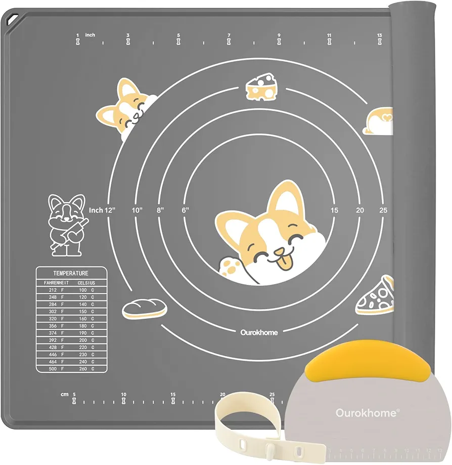 Ourokhome Silicone Baking Mat Sheet and Pastry Dough Cutter, 0.5 Inch Thick 20'' X 16" BPA free Silicone Rolling Mat, Non-Stick and Anti-Slip, Dishwasher Safe (Gray)