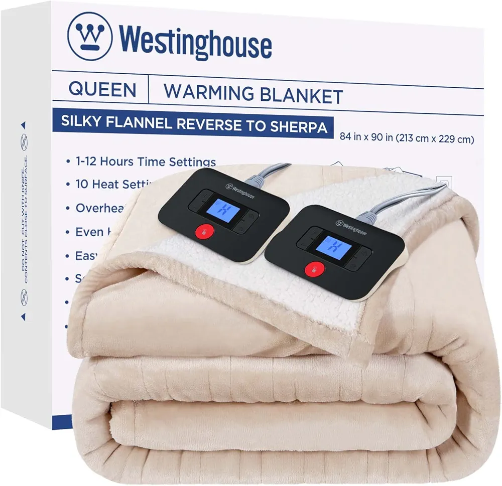 Westinghouse Electric Blanket Queen, Heated Blanket Queen Size with 10 Heating Levels and 1 to 12 Hours Heating Time Settings, Flannel to Sherpa Reversible, Machine Washable (84" x 90", Beige)