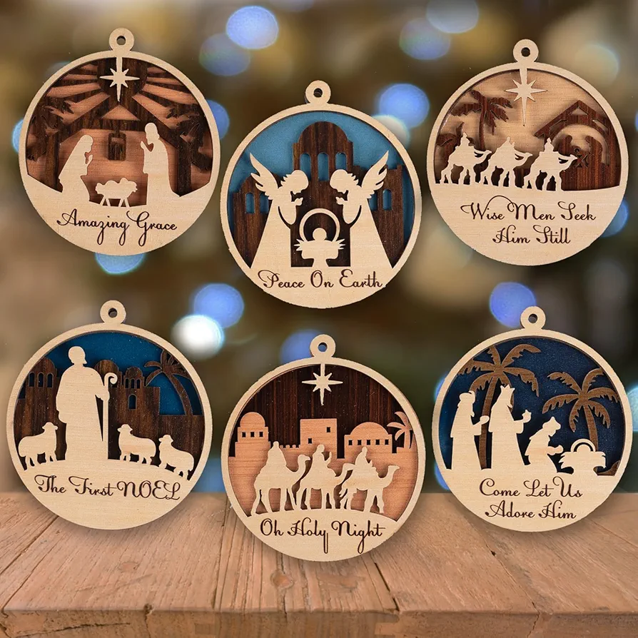 6Pcs Nativity Scene Christmas Tree Decorations Wooden Christian Nativity Ornaments Set 3D Layered Decorative Hanging Round Pendants for Xmas Tree Holiday Winter Home Decor Religious Gift for Family