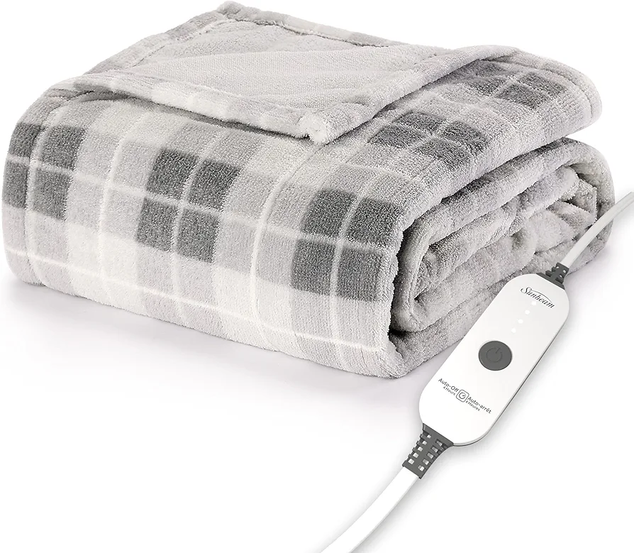 Sunbeam Royal Luxe Rodeen Plaid Grey Heated Personal Throw / Blanket, Cozy-Warm, Adjustable Heat Settings