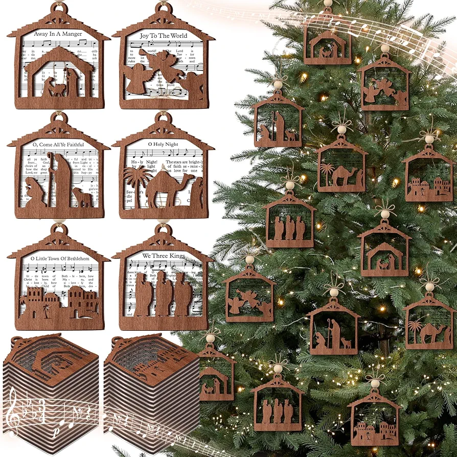 24 Pack Christmas Nativity Ornaments Gifts Bulk Wooden Nativity Scene Christian Ornaments Religious Catholic Ornaments Gifts Nativity Music Story Jesus Ornaments for Christmas Tree(Stable Style)