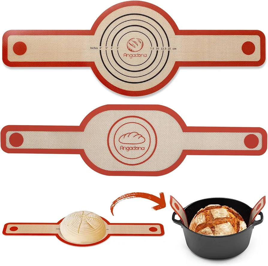 Silicone Bread Sling Oval and Round - Non-Stick & Easy Clean Reusable Oval Silicone Baking Mat for dutch oven. With Long Handles Sourdough Bread Baking mat tools supplier Liner,2 Brown Set