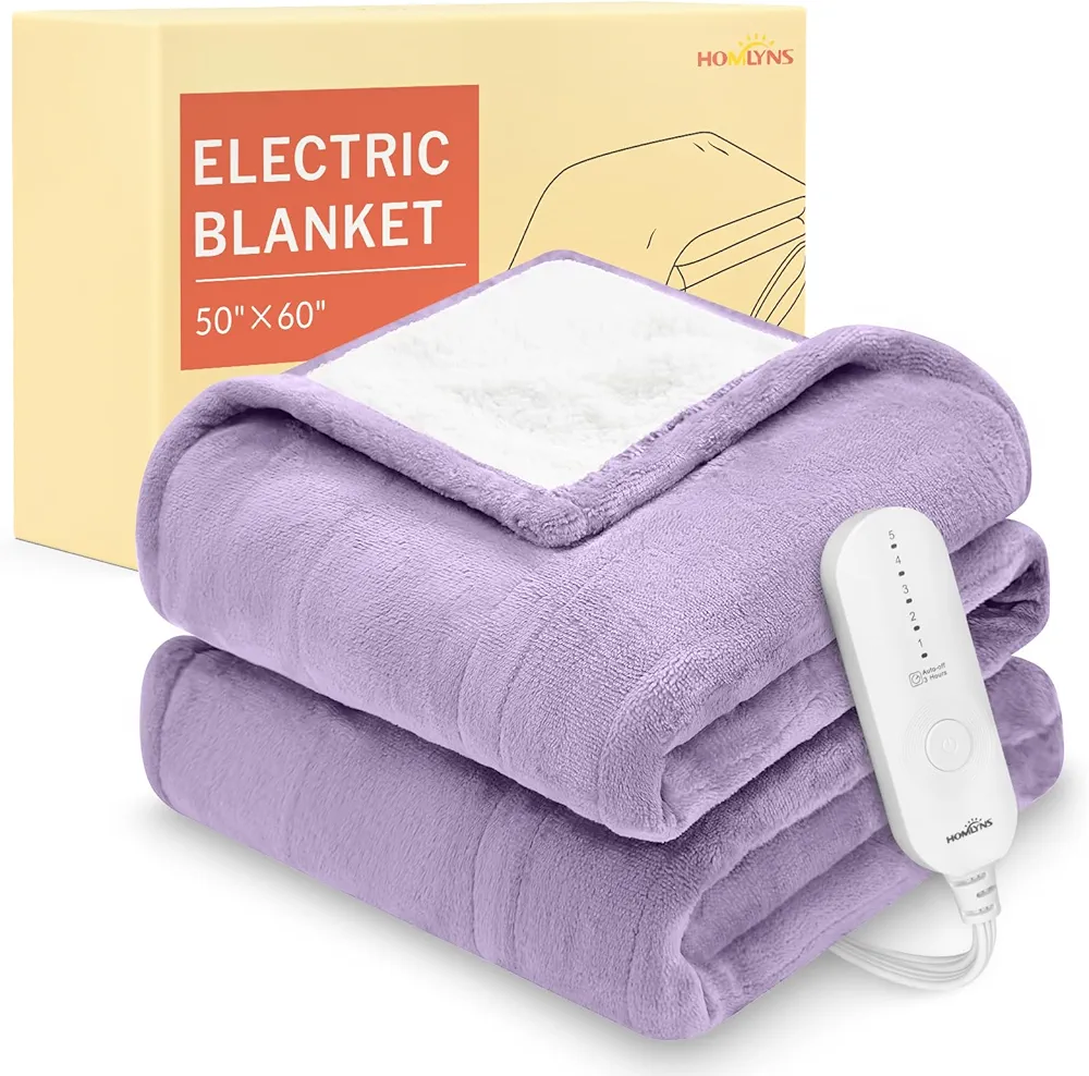 HOMLYNS LuxeHeat Heated Blanket Electric Blanket, Soft Flannel Sherpa Heated Throw, Heating Blanket with 5 Heat Settings, 3 hrs Timer Auto Shut Off (50x60 inches, Purple)