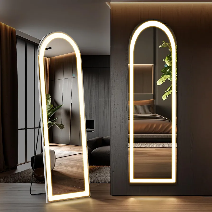 Simple Deluxe Arched Full Length Mirror with LED Lights, 60"x16" Floor Mirror with Stand, Body Floor Mirror with Dimming & 3 Color Lighting, Wall Mounted Mirror for Bedroom, Dressing Room, Cloakroom