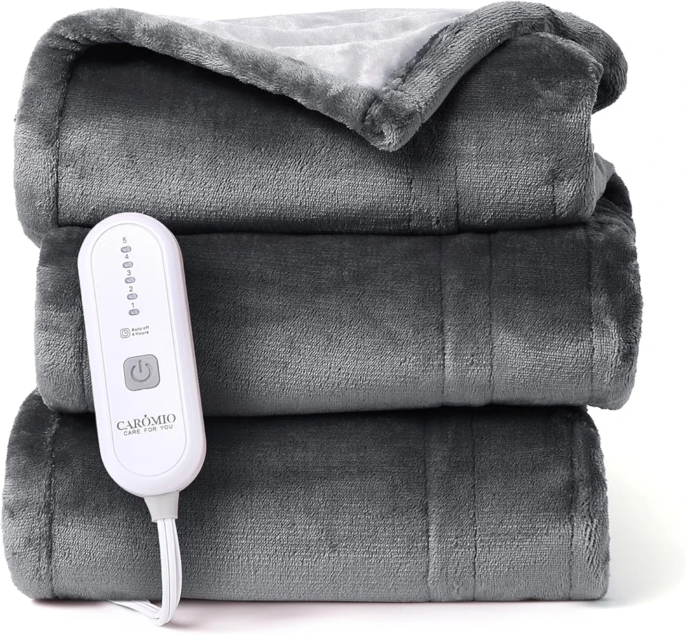 CAROMIO Heated Blanket Electric Throw, Reversible Two-Color Flannel Heating Blankets, Soft Heated Throws for Couch with 5 Heat Settings and 4 Hours Auto Shut Off, Dark Grey/Light Grey, 50"× 60"