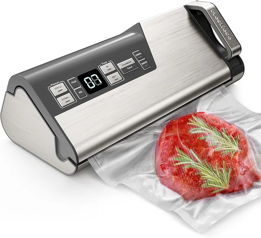 Vacuum Sealer Machine, Powerful 95kPa 140W One Hand Operation Food Sealer, Double Seal Strip with Build-in Cutter & Countdown Display, 2 Bag Rolls, 5PCS Pre-cut Bags, PULSE & Marinate