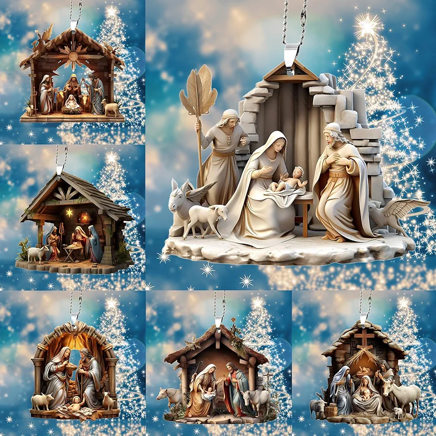 6 Pack Nativity Scene Ornaments for Christmas Tree - Flat 3.15'' Height & Gifts Boxed Keepsake | Nativity Set Indoor, The Birth of Jesus Decor, Religious Gifts for Christian & Family