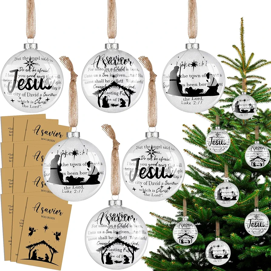 Poen 12 Sets Christmas Jesus Ornament Nativity Scene Silhouette Glass Ornament Christian Bible Verse Ornament with Religious Card Holy Family Hanging Ornament for Christmas Tree Church Gift Decoration