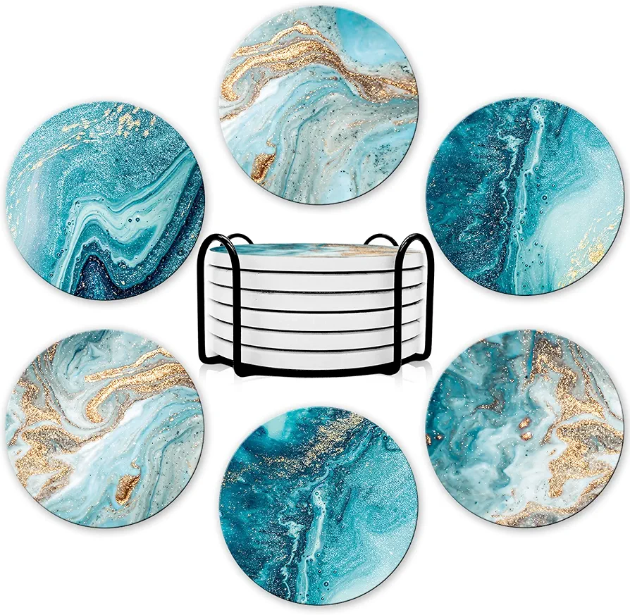 Dooke Coasters for Drinks, Round Absorbent Ceramic Stone Coasters Set of 6 with Cork Base, Funny Drink Coasters with Holder for Cold Drinks Wine Mugs and Cups Tabletop Protection, 4 Inches,Teal Marble