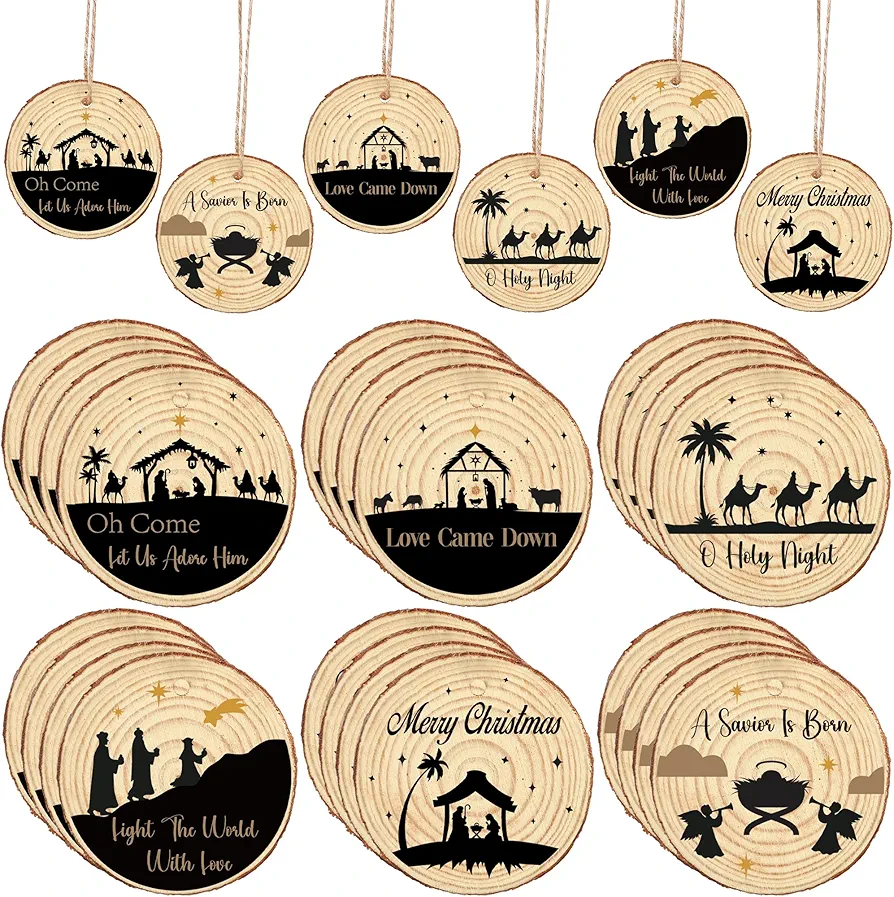 24 Pcs Christmas Nativity Scene Ornaments Christmas Jesus Wooden Ornament Xmas Christian Hanging Decorations for Christmas Tree Religious Holiday Party Decor