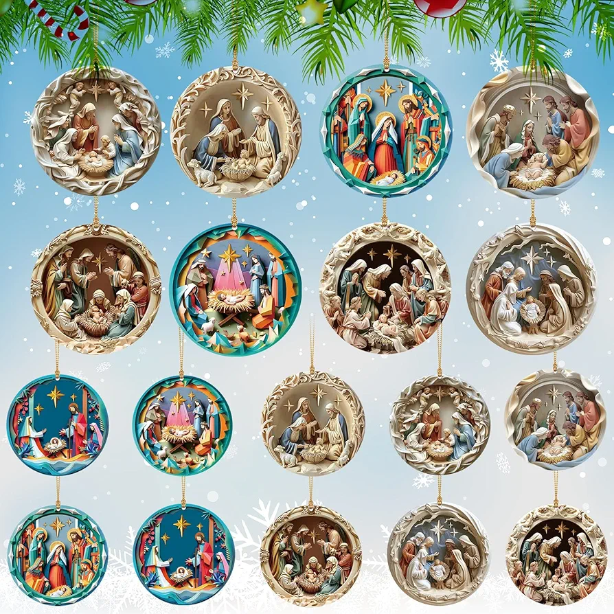 Thyle 18 Pcs Nativity Scene Ornaments Christmas Hanging Decoration for Trees Christian Gifts Catholic, Religious Gifts, Thanksgiving Gifts for Men, Women Acrylic 2D Flat Hanging Ornament(Retro)