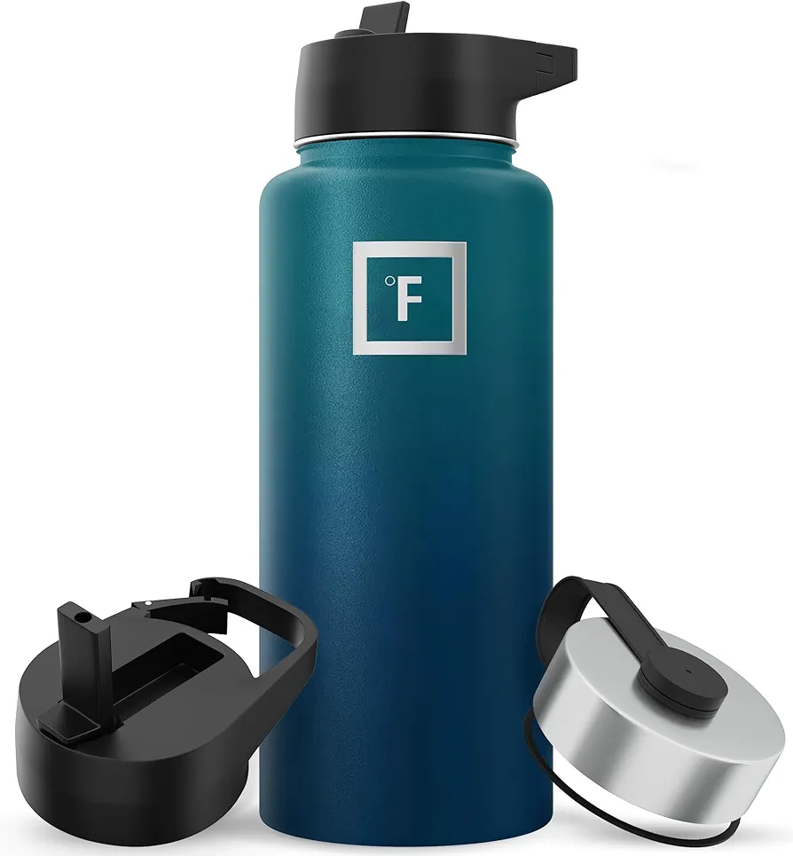 IRON °FLASK Camping & Hiking Hydration Flask with 3 Lids - Stainless Steel, Double Walled & Vacuum Insulated Water Bottle - Leak Proof & BPA Free (Dark Night, Straw - 32 oz)