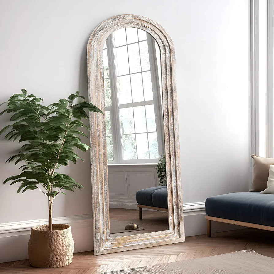 NeuType 65"x22" Arched Full Length Mirror Solid Wood Frame Mirror Floor Mirror with Back Hooks Large Wall Mirror Dressing Mirror for Bedroom Living Room, Weathering White