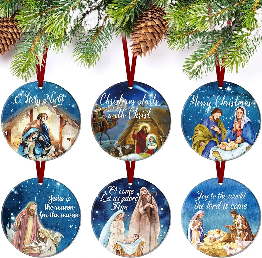 Karenhi 6 Pcs Nativity Christmas Ornaments Oh Holy Night Christmas Ornament Christian Religious Ornaments for Christmas Tree Ceramic Round Jesus Nativity Xmas Tree Hanging Decorations Christian Gifts