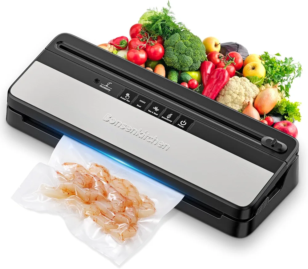 Bonsenkitchen Vacuum Sealer Machine, Multi-Functional Food Sealer with 50 Vacuum Bags & 1 Roll for Food Storage, Built-in Cutter, Globefish Technology for High-Speed Continuous Working, Black