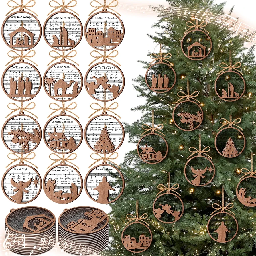 24 Pack Christmas Nativity Scene Ornaments Gifts Bulk Wooden Nativity Story Music Ornaments Religious Catholic Ornaments Gifts Christmas Hymns Jesus Ornaments for Christmas Tree