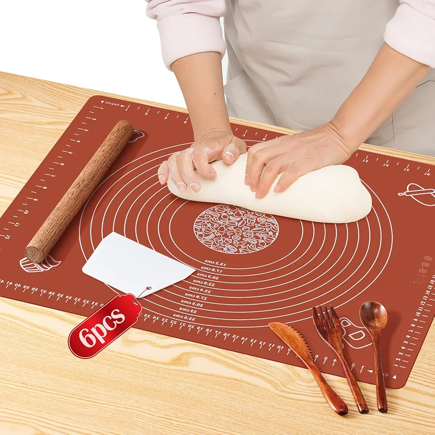 6PCS Silicone Baking Mat Set, Pastry Mat with Measurements Wooden Rolling Pin/Knife/Fork/Spoon/Scraper, Pasta Cutter,Non-slip Silicone Mat, Non-Stick Dough Mat for Counter,Kneading Mat Set,20"*16"