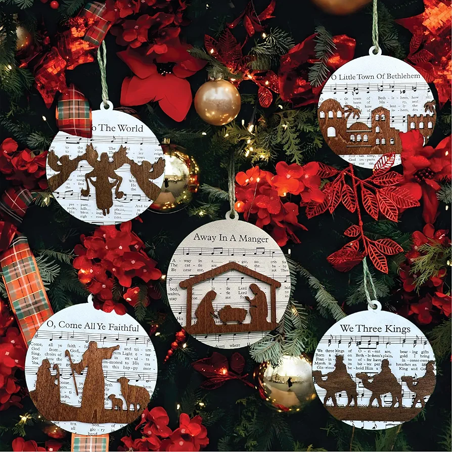 Set 5 Christian Christmas Tree Ornament, 5 Wooden Music Sheet Nativity Ornaments, Nativity Scene, Religious Christmas Decorations, Religious Jesus Decoration, Friendship Elephant Ornament