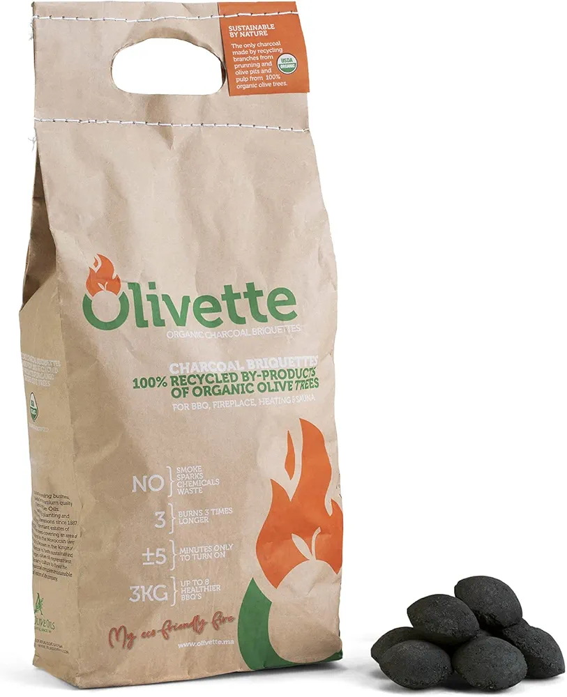 Organic Charcoal Briquettes by Olivette, Reusable Charcoal for Grilling, USDA Certified, Recycled Olive Tree Byproduct, Ready to Light BBQ Charcoal, 6.6 lb. Bag Equal to 20 lb. of a Regular Charcoal