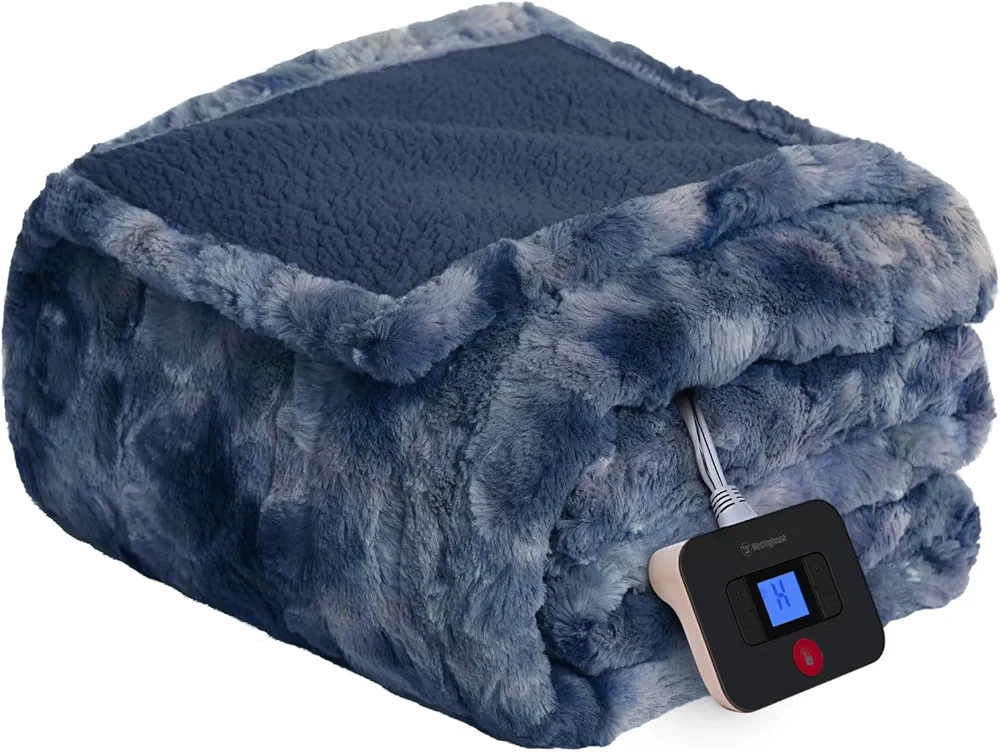 Westinghouse Electric Blanket Twin, Faux Fur Heated Blanket with 10 Heating Levels & 1-12 Hours Auto Off, Soft Cozy Sherpa Heated Blanket Washable Blanket (62" x 84" Twin Size, Indigo)