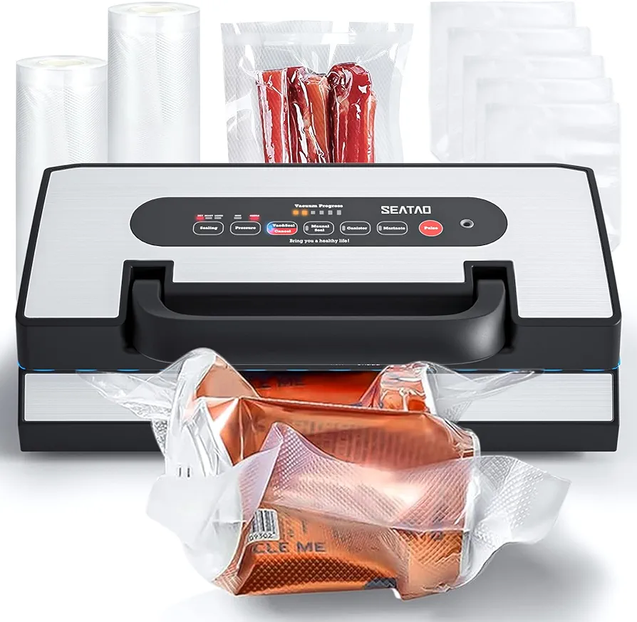 Upgraded Vacuum Sealer for Liquid, SEATAO 90Kpa Vacuum Sealer Machine for Dry/Moist/Liquid Food, Easy-Lock Handle, Double Heat Seal, Built-in Cutter and Bag Storage & Removable Drip Tray