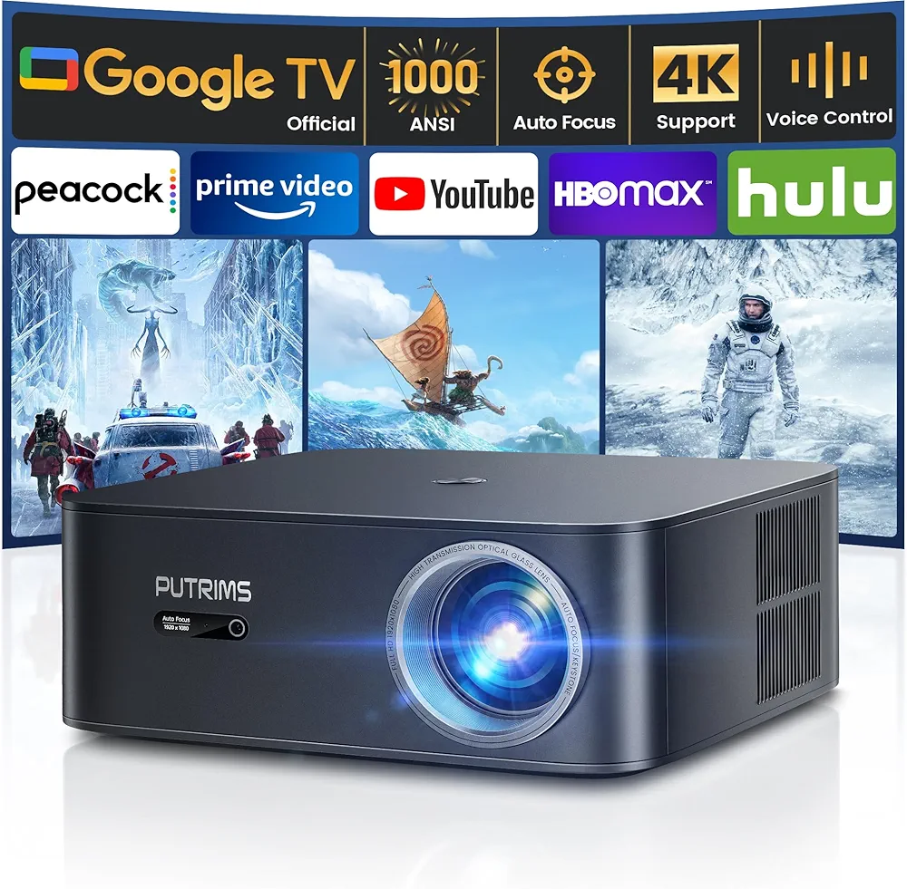 [1000 ANSI/Google TV]Smart Projector with WiFi 6 and Bluetooth, Netflix-Licensed 4K Support, Outdoor Movie Proyector, 1080P Home Ceiling Auto Focus Projector, Tech Gift for Holidays, PUTRIMS K12 Gray