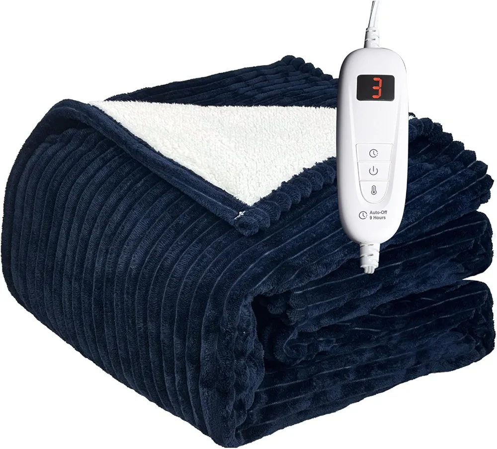 Tefici Heated Blanket Full Size Electric Blanket Throw,Soft Flannel to Sherpa Heating Blanket with 6 Levels Fast Heating, 1-9 Hours Auto Off,Machine Washable, ETL&FCC Certified Blue,72X84 inches