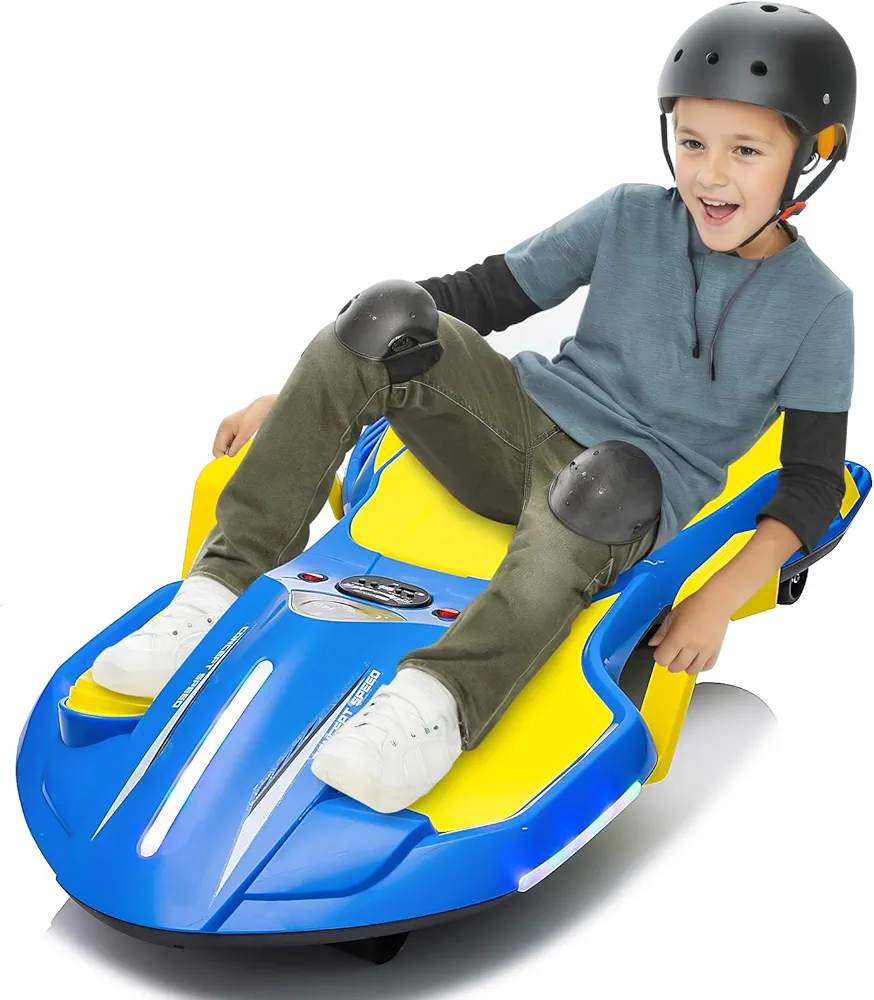 24V Kids Ride On Go Kart, Wiggle Car, w/Helmet Knee Pads, High Performance, Use for 1-2 Hours Long Endurance, Spray Function, Gravity Steering, for Ages 6 & Up (Blue)