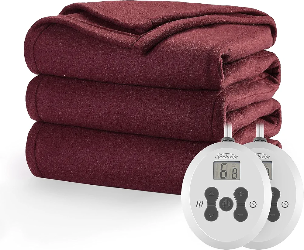 Sunbeam Royal Ultra Fleece Heated Electric Blanket Queen Size, 90" x 84", 12 Heat Settings, 12-Hour Selectable Auto Shut-Off, Fast Heating, Machine Washable, Warm and Cozy, Cabernet