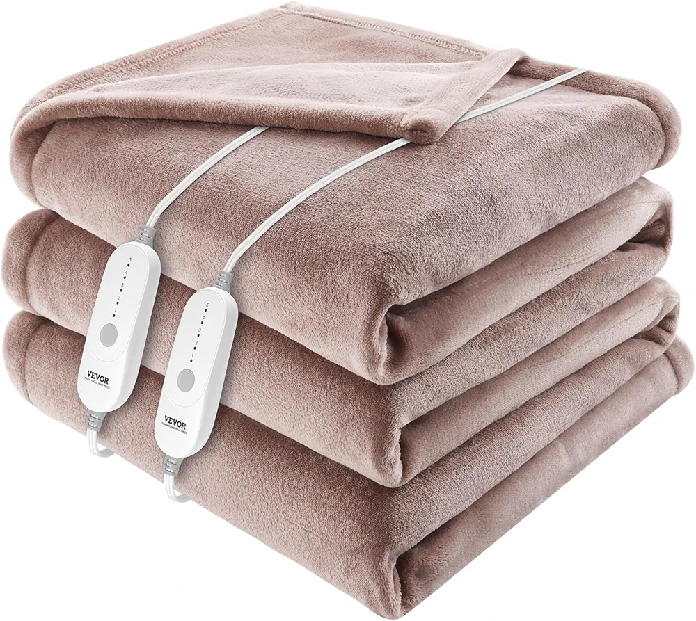 VEVOR Heated Blanket Electric Throw, 84" x 90" Queen Size, Soft Flannel Heating Blanket with 10 Hours Timer Auto-off & 5 Heating Levels, Dual Control, Machine Washable, ETL & FCC Certification (Beige)