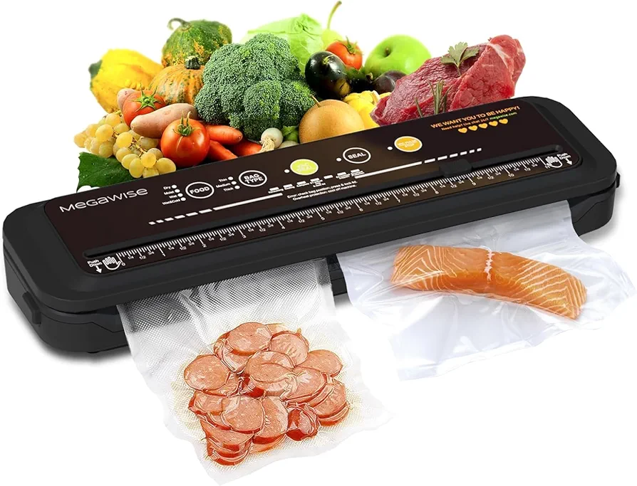 2023 Updated Vacuum Sealer Machine, MEGAWISE Food Sealer w/Starter Kit, Dry & Moist Food Modes, Compact Design with 10 Vacuum Bags & Bulit-in Cutter