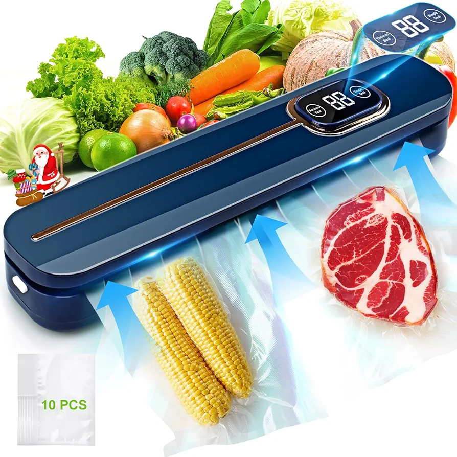 Vacuum Sealer Machine, Fast Compact Food Sealer-Automatic Vacuum Air Sealing System for Food Preservation, Dry&Moist&Fluffy&Powder 4 Food Modes Digital Display Vacuum Sealing with 10 Vacuum Bags