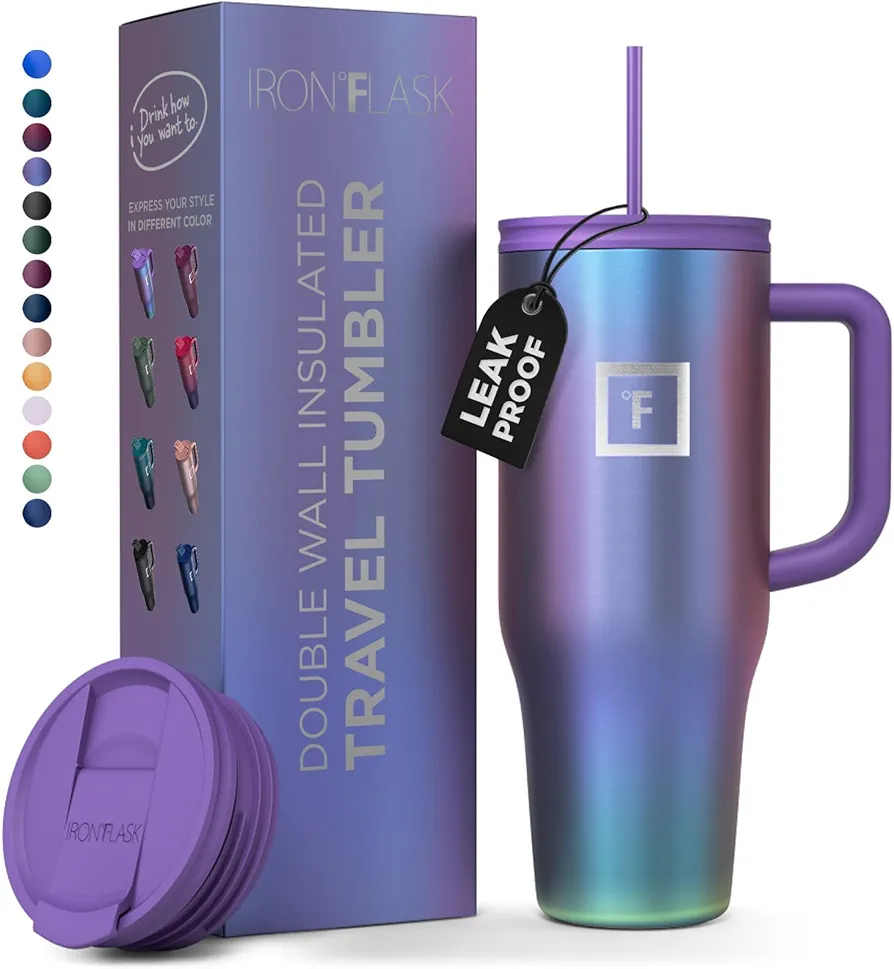 IRON °FLASK Co-Pilot Insulated Mug w/Straw & Flip Cap Lids - Cup Holder Bottle for Hot, Cold Drink - Leak-Proof - Water, Coffee Portable Travel Mug - Aurora, 32 Oz