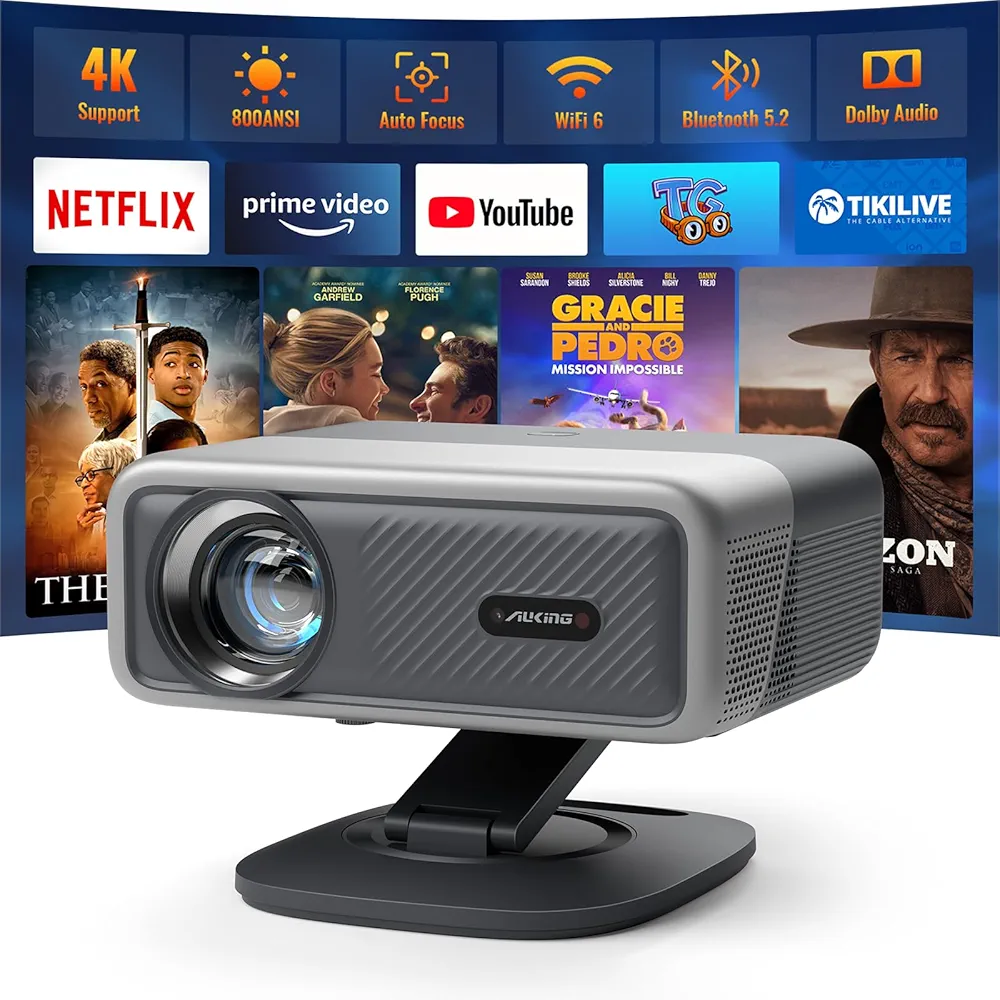 [Netflix Officially&AI Auto Focus]AuKing Smart Projector with Wifi and Bluetooth,Auto Focus&Keystone Projector 4K, 3D DoIby Audio, 800ANSI Outdoor Projector with Omnidirectional Rotating Stand(Grey)