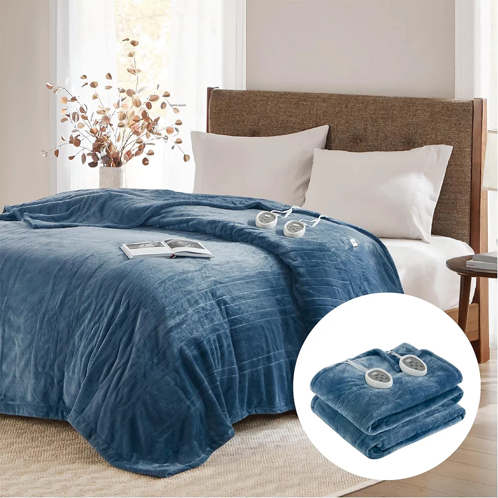 Degrees of Comfort California King Electric Blanket with Dual Controls, Large Fleece Heated Blanket for Bed,auto Shut Off, Machine Washable -Blue, 100Wx94L