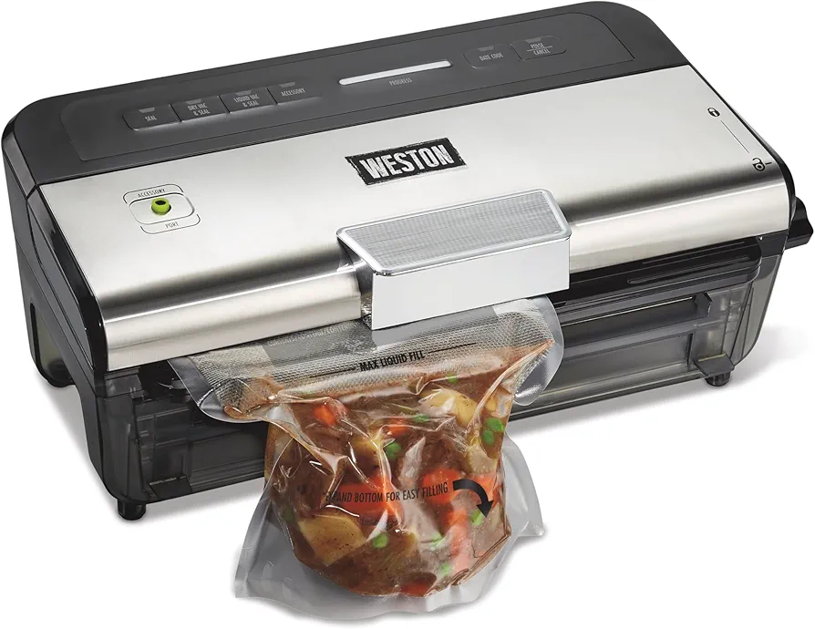 WESTON BRANDS Liquid & Dry Vacuum Sealer Machine With Date Code Stamp, Built-In Cutter, Pulse Button, Includes 2 Rolls + 6 Easy-Fill Bags, Black (65-1641-W)