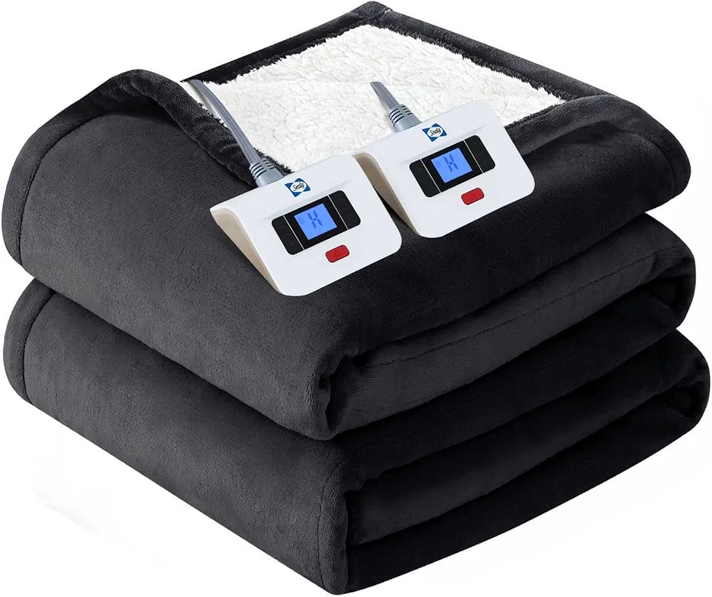 SEALY Electric Blanket Queen Size, Flannel & Sherpa Heated Blanket with 10 Heating Levels & 1-12 Hours Auto Shut Off, Fast Heating Blanket, Machine Washable, Grey, 84 x 90 Inch