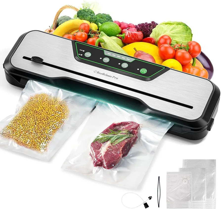 Automatic Food Vacuum Sealer Machine | Beelicious Pro 80KPa 8-In-1 Food Vacuum Saver with Starter Kits | 15 Bags, Pulse Function, Moist&Dry Mode and External VAC for Jars and Containers