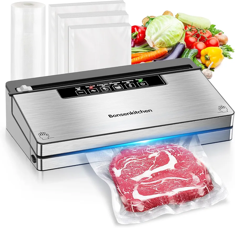 Bonsenkitchen Vacuum Sealer Machine, Food Sealer with 5 Modes, Built-in Cutter & Bag Storage,Globefish Technology for High-Speed Continuous Working, Include 100 Vacuum Bags & 1 Roll Bag