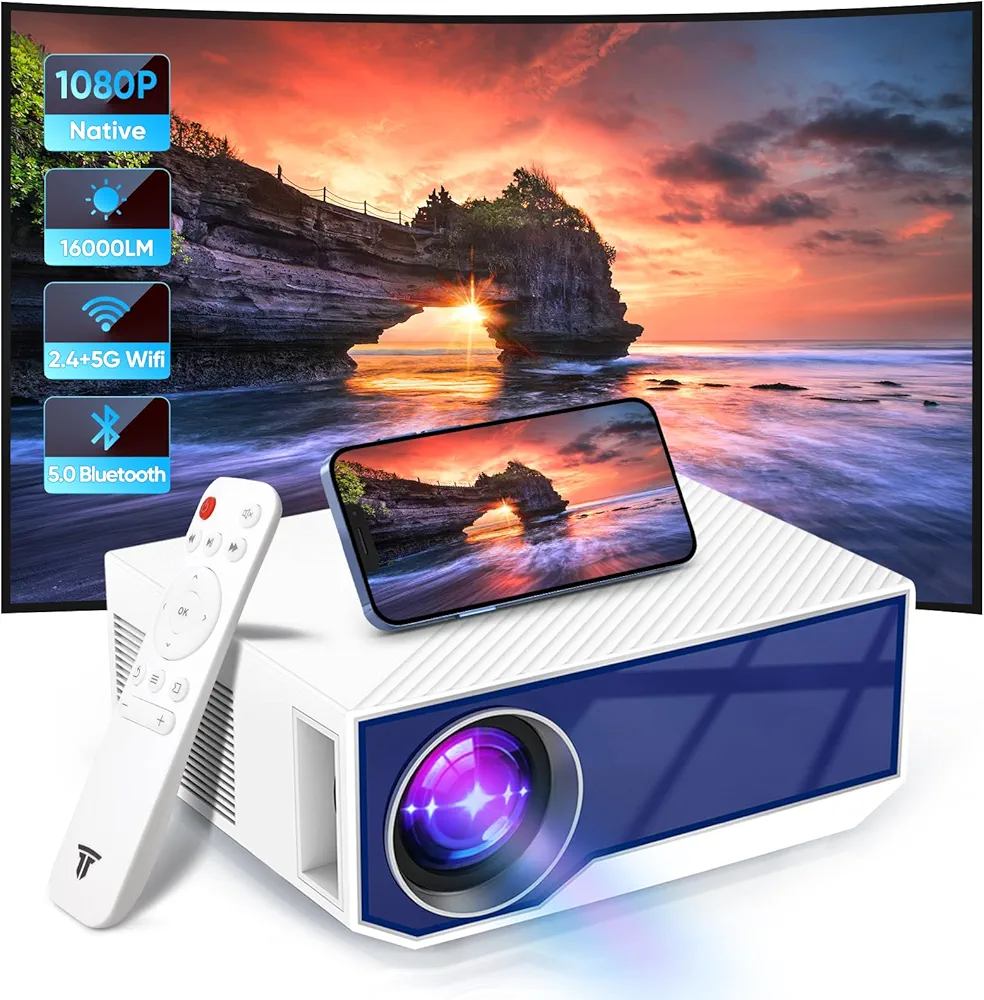 Projector with WiFi and Bluetooth, 16000Lumens Portable Mini Projector,Native Full HD 1080P Outdoor Movie Projector,Smart Projector Compatible with Android/iOS/Windows/TV Stick/HDMI/USB