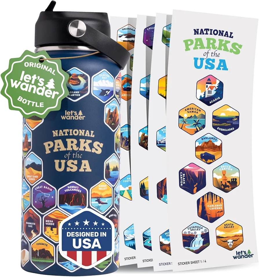 LET'S WANDER National Parks Water Bottle with Waterproof Stickers - 32oz Leakproof Insulated Stainless Steel with Straw - Parks of the USA Hiker Bucket List Gift Bottle [BLUE]