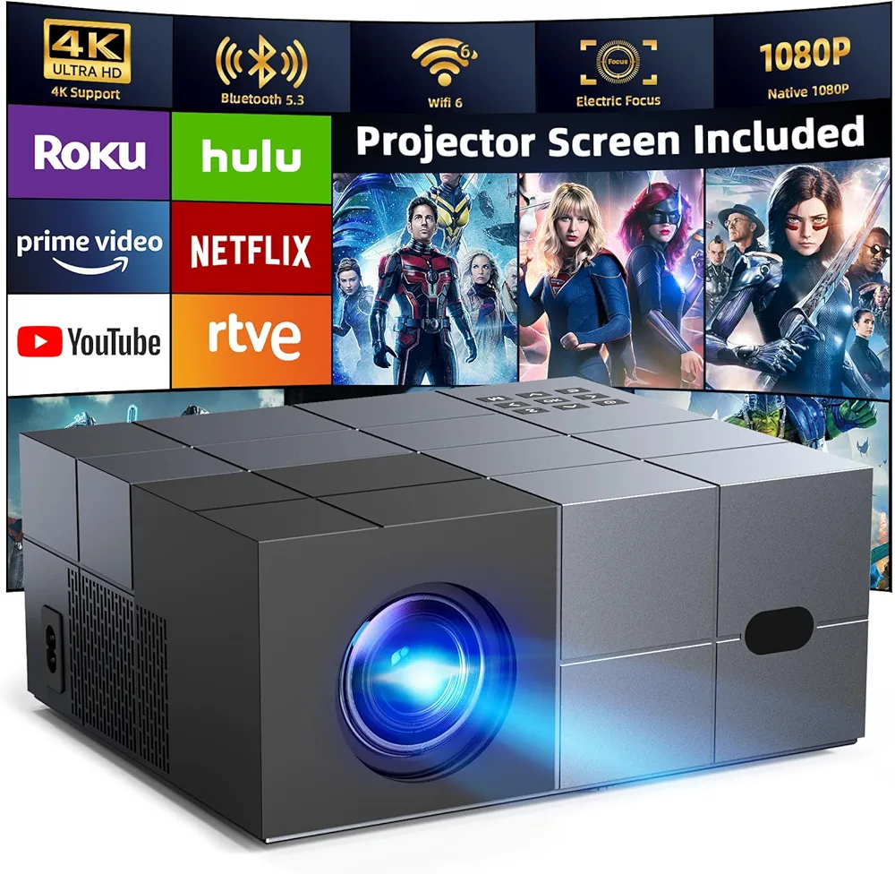 [Electric Focus] Projector with WiFi and Bluetooth, 20000LM Native 1080P Projector with Screen, YOWHICK Portable Movie Smart Projector, Home Projector 4K Supported for Phone/TV Stick /HDMI/USB Grey